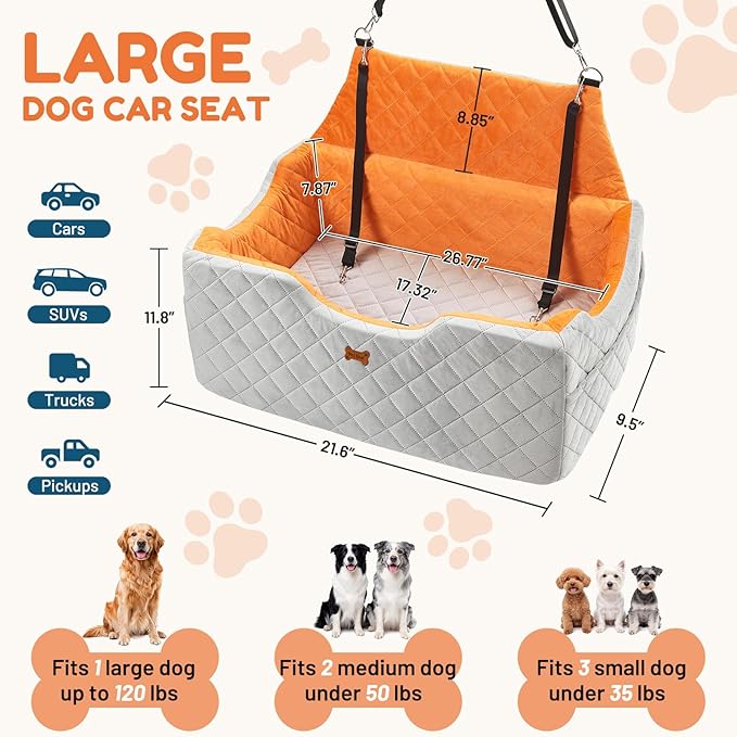 Dog Car Seat for Large Dogs - Foam Dog Booster Seats for 2 Small Dogs, High Depth Car Pet Seat with Storage and 2 Safety Leash, Washable Portable Travel Cat Bed, 2-inch, Grey