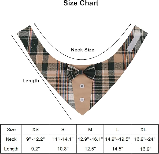 ADOGGYGO Brown Dog Tuxedo, Plaid Pet Bowtie Collar, Adjustable Brown Plaid Bandana for Small Dogs (S)