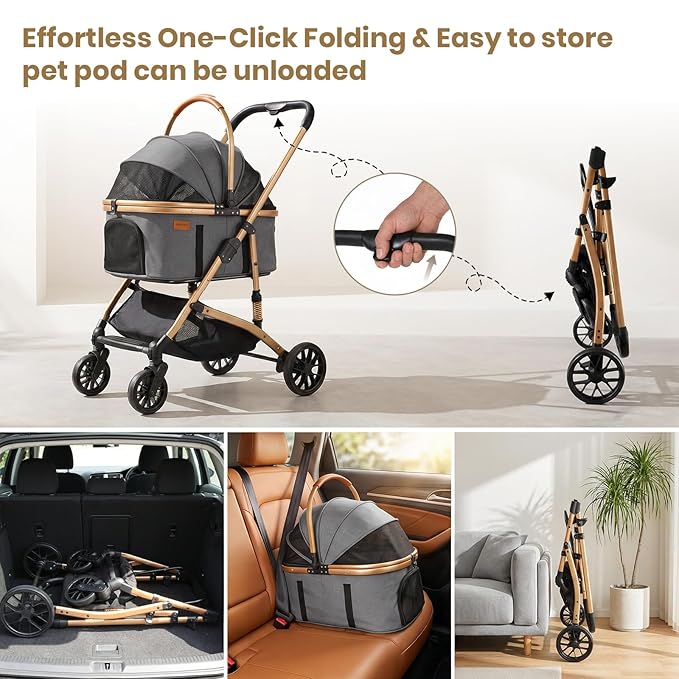3-in-1 Dog Stroller with Rain Cover, Quick Foldable, Detachable Carrier & Car Seat, for Medium Dogs Cats Up to 50 lbs, Anti-Shock Solid Rubber Wheels, Grey