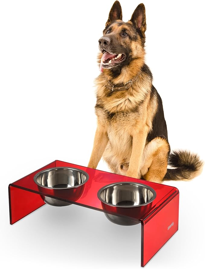 THE LICKER Store DBL2001H Keaton 7.5" Medium/Large Modern Acrylic Rectangular Elevated Pet Feeder with 54oz 2-Stainless Steel Bowls, Red/Chrome