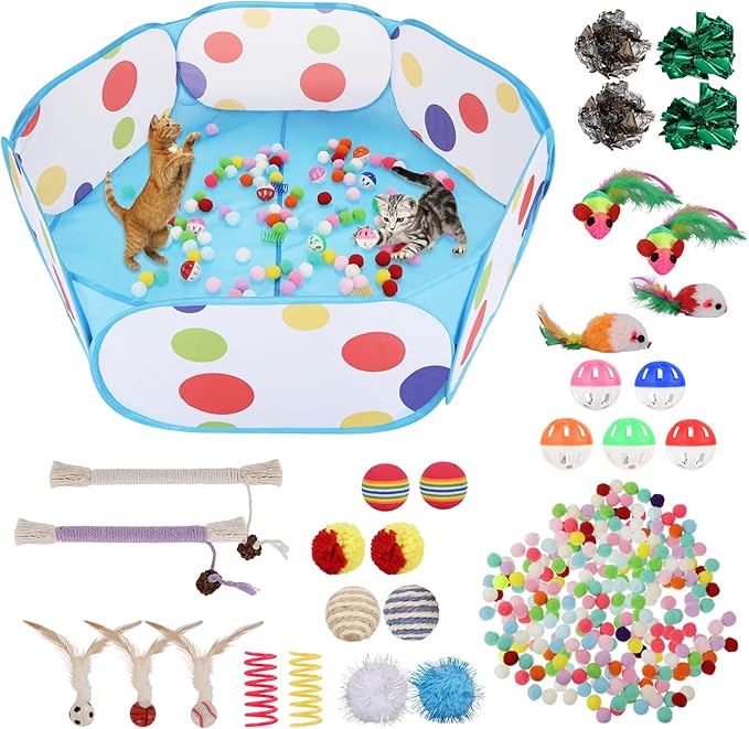 Foxtell Cat Ball Pit Include 229 PCS Interactive Cat Toys for Indoor Bored Self Play Enrichment Toy for Indoor Cats Interactive Fun and Exercise