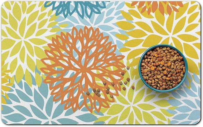 Dog Food Mats for Floors, Absorbent and Quick-Drying Pet Cat Food Mat,Anti-Fouling and Easy-to-Clean Pet Feeding Mat,Dog Bowl Mat for Messy Drinking Water Bowls.16x24, Bohemia Dahlia Floral Style