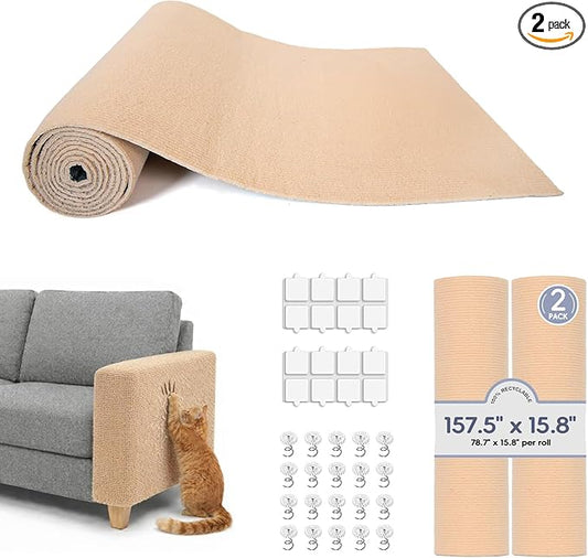 157.5" x 15.8" Cat Scratch Furniture Protector, Self-Adhesive Couch Protector from Cat Claws, Cats Scratching Mat for Couch, Sofa, Wall & Door, DIY Cat Scratch Pads Replacement, 2 Pack (Khaki)