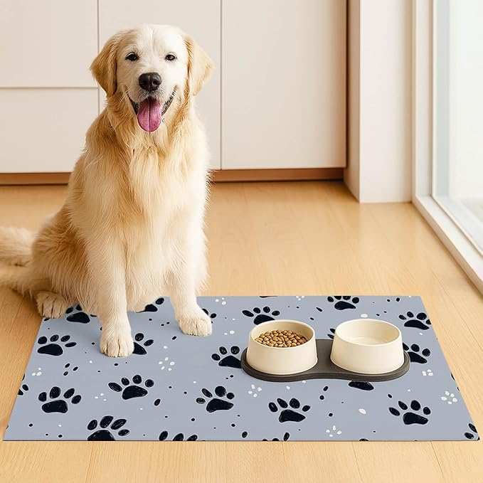 HOMETITUTE 24x16 inch Non Slip Pet Food Mat Cat Bowl Placemat for Food and Water Small Dog Bowl Mats Cat Food Mat Easy to Clean Feeding Mat for Small Pets Paw Print Design