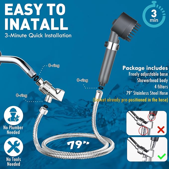 CWPW Filtered Shower Head with Handheld High Pressure 4 Spray Showerhead with Filters for Hard Water-Remove Chlorine ON/OFF Switch for Pets,With 79" Stainless Steel Hose,Bracket,4 Filters,Bath Loofah