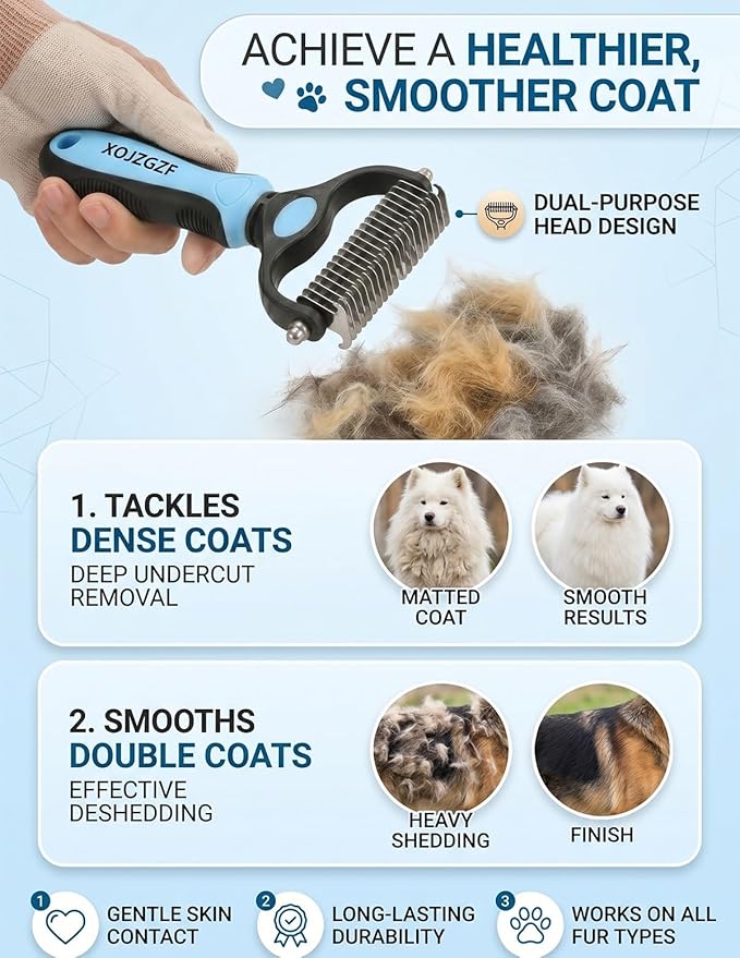Professional Deshedding Tool for Dogs & Cats, Pet Pro Grooming Tools, Indoor Cat Double-Sided Brush Rake, Pets Hair Remover Shedding, Long Haired Dog Brushes, Undercoat Combs Supplies(Green-L)