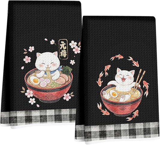 2 Pcs Funny Japanese Cat Eating Ramen Kitchen Towels 24x14 Inch, Japanese Reusable Dish Towels for Kitchen Bathroom Decor, Waffle Weave Absorbent Tea Towel, Cute Cat Lover Gifts for Women Mom Friend