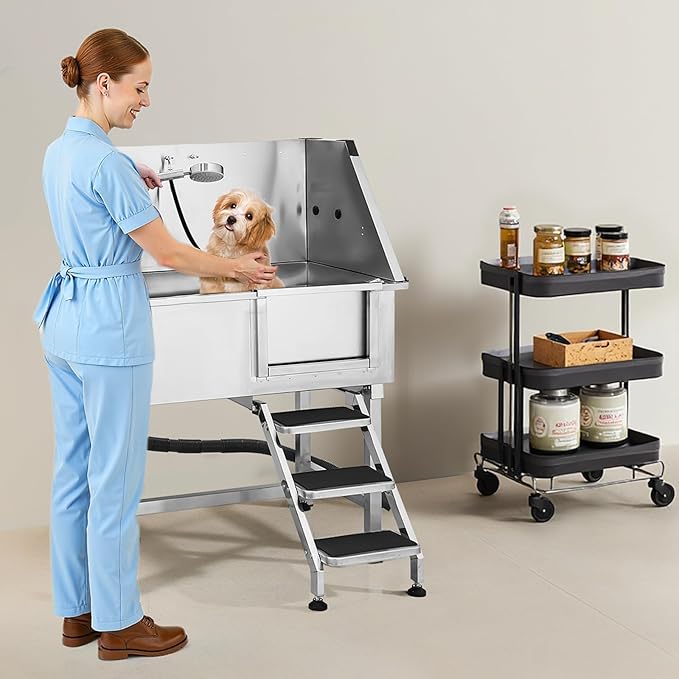 VEVOR 38 Inch Stainless Steel Dog Washing Station, Pet Grooming Tub with Hot & Cold Faucet, Showerhead, Home Wash Sink, Fits Small and Medium Cats and Dogs, Non-Slip Stairs (Right Door)