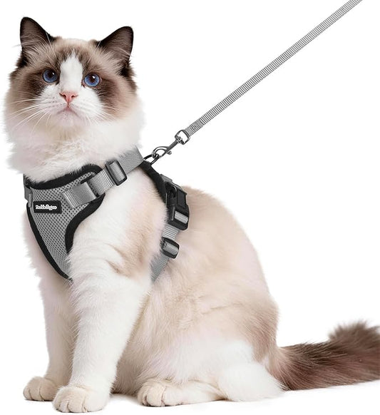 rabbitgoo Cat Harness and Leash Set, Escape Proof Vest Harness for Safe Outdoor Walks, Soft Breathable Adjustable Vest with Reflective Strips for Average to Large Cats, Grey, M