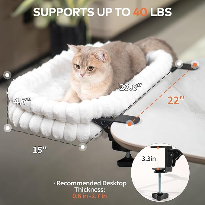 CHEERPALS Cat Desk Bed with Reversible Cushion, 90°Foldable Cat Hammock for Desk Mounted Removable & Washable, Suitable for Medium-to-Large Cats and Puppy, Cloud Series(White, Large)