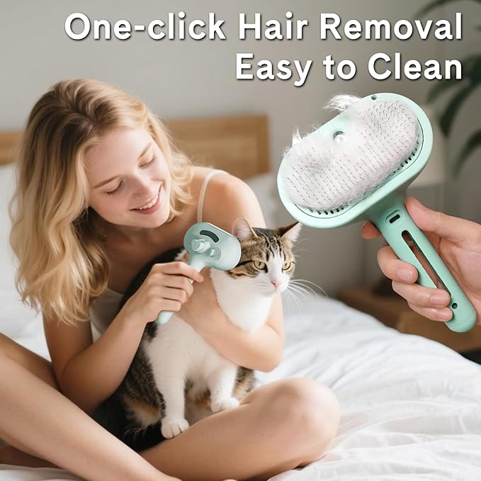 Pet Steam Brush for Dogs & Cats - 3-in-1 Deshedding & Detangling Tool with Steam Spray, Anti-Static Grooming Brush for Long/Short Haired Pets, Waterless Cleaning & Massage(Green)