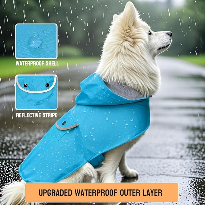 Dog Raincoat Dogs Rain Jacket Reflective Poncho Rainwear Waterproof Pet Clothes Breathable Lined Pocket Hooded Leash Hole Adjustable Medium Dogs,Blue,XXXL,Back Length 20.0 Inch