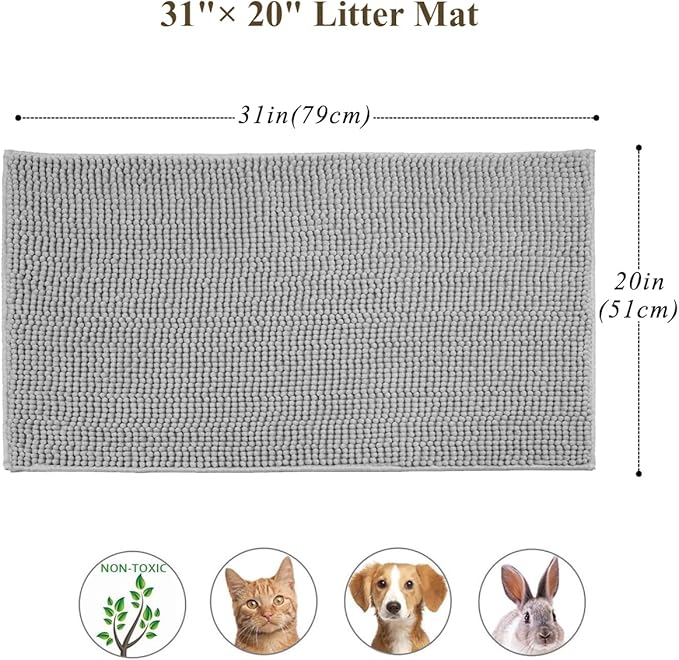 VIVAGLORY Soft Cat Litter Box Mat, Large Litter Trapping Mat for Indoor Cat, Machine Washable Cat Kitty Litter Tray with No-Slip and Waterproof, 31"× 20", Grey