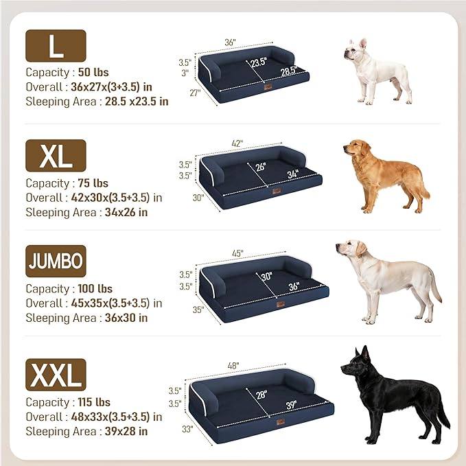 Comfort Expression Extra Large Dog Bed - XXL Washable Orthopedic Bed for Big Dogs - Pet Couch Waterproof Bolster with Removable Non-Slip Cover, 48 x 33