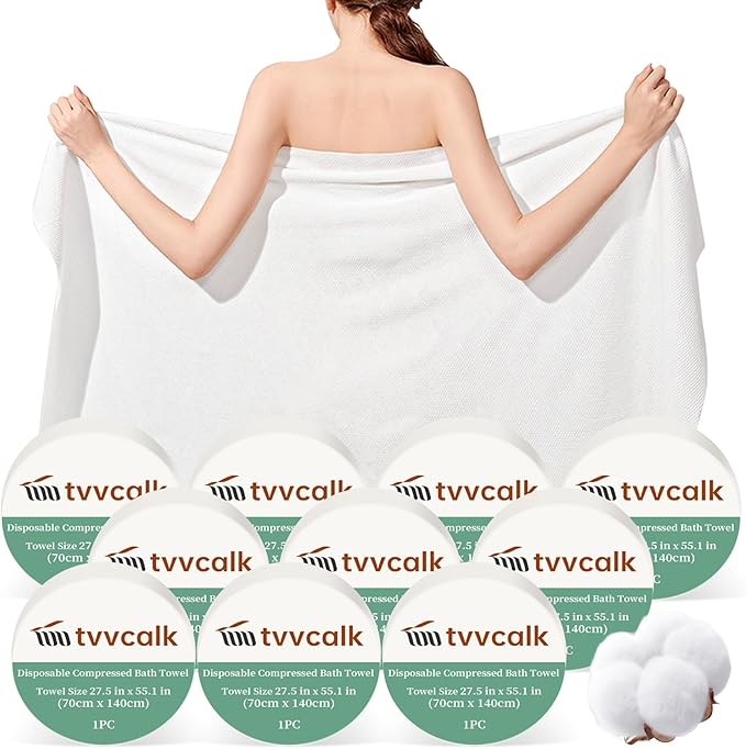 10 Pcs Large Compressed Towels, 55" x 27.5" Ultra Soft 100% Cotton Disposable Bath Towels, Portable Disposable Towel Reusable Travel Towel for Hotel Camping Hiking Sports Gym Beach Swimming