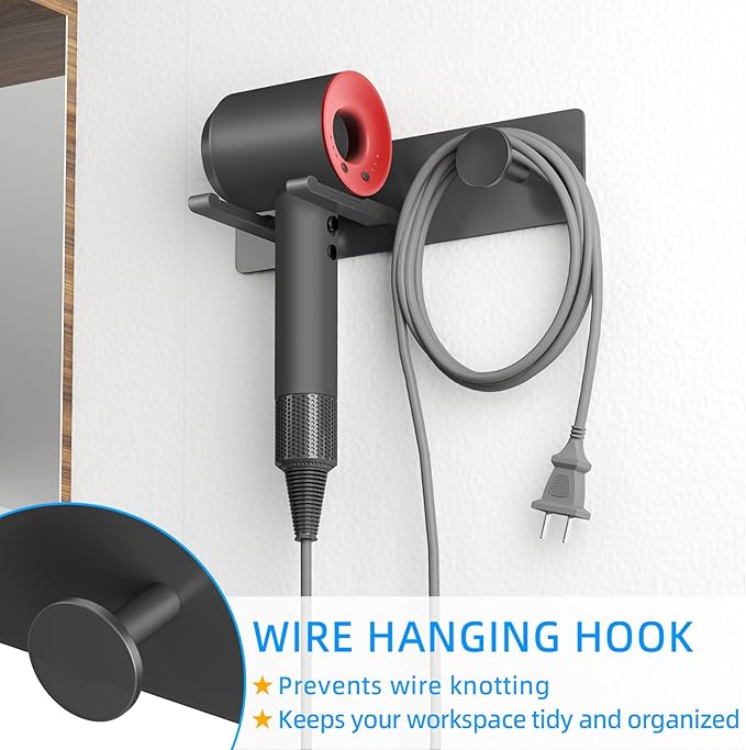 XIGOO Self Adhesive Hair Dryer Holder Wall Mounted-Bathroom Hair Blow Dryer Rack Organizer Compatible with Supersonic Hair Dryers, Matte Black