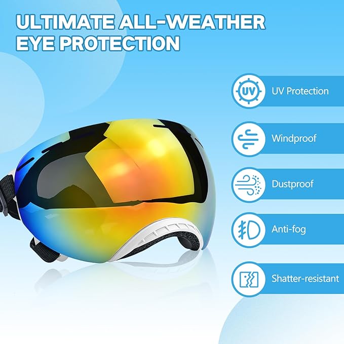Dog Goggles for Medium to Large Breeds, Stylish Pet Sunglasses with Rainbow PC Lens, Soft TPU Frame & Adjustable Straps, Windproof Dustproof UV Protection Eyewear for Outdoor Riding Hiking (White)