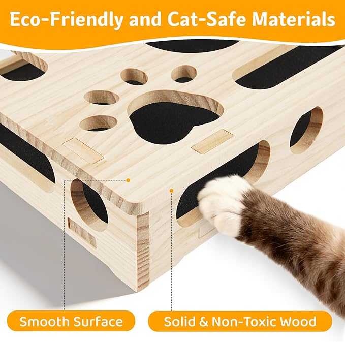 Interactive Wooden Cat Puzzle Toy for Indoor Cats Felt Maze Box with 3 Balls & 2 Cats Teasers, Cats Nail File Enrichment Box Hunting Exercise Toy for Kittens, Stimulating Cat Energy and Instincts