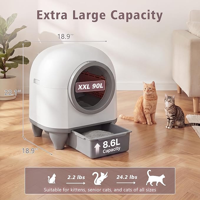 Greesum Self-Cleaning Cat Litter Box with APP Control, Large Capacity Automatic Litter Box for Multiple Cats, Safety Sensor Protection, Low Noise Smart Litter Box with Waste Bin, Litter Mat & Bags