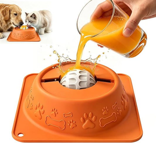 Slow Feeder Dog Bowl for Liquid Treats, Anti-Slip Lick Bowl with Smooth Rolling Ball, No Spill Pet Bowl Yogurt Water Pup Lick Toy for Large Medium Small Dogs and Cats, Anxiety Relief Boredom, Orange