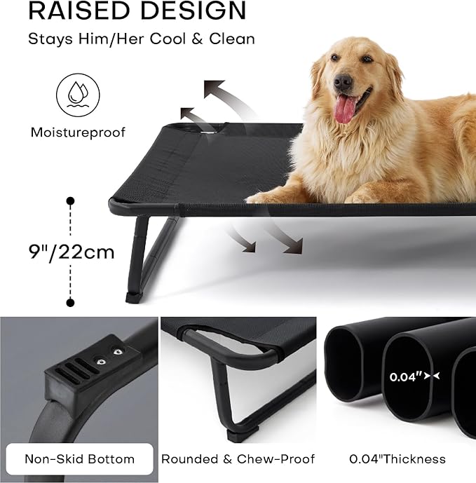 MADE 4 PETS Elevated Outdoor Dog Bed for Extral Large Dogs – Heavy-Duty Raised Cot with Breathable Cooling Mesh, No-Slip Feet, Chew-Resistant Frame, Indoor & Outdoor Pet Hammock, 49"x32", Black