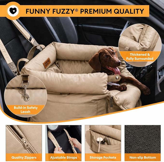FUNNYFUZZY Luxury Dog Car Seat for Small Medium Dogs Under 35 lbs, Waterproof Leather Pet Booster Seat with Safety Leash & Anti-Slip Base, Fully Padded Dog Car Bed, Portable Puppy Carrier(Khaki)