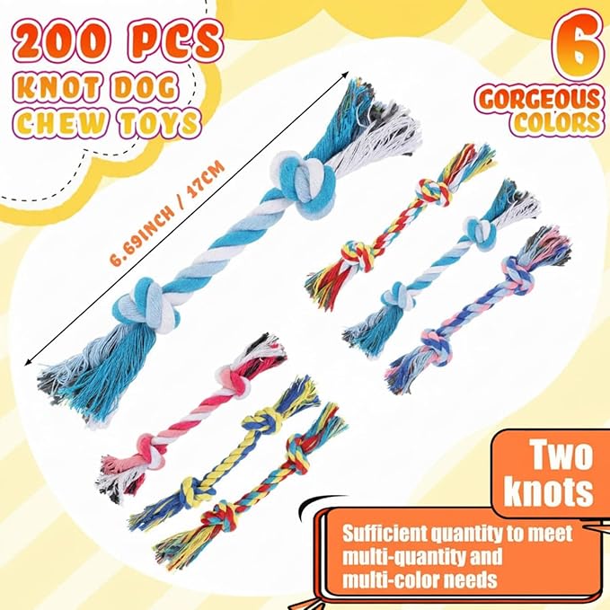 RoundFunny 200 Pcs Knot Rope Dog Toys Multi Color Puppy Chew Toy Cotton Puppy Dental Teething Toys 2 Knot Dog Tug for Small and Medium Dogs Aggressive Chewers Supplies