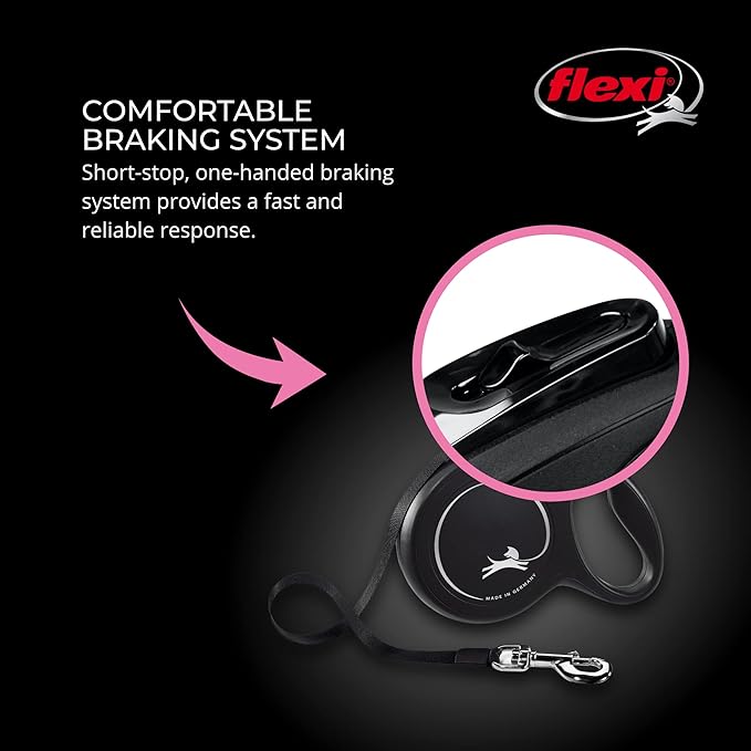 FLEXI New Classic Cord Retractable Dog Leash for Medium Dogs up to 44 lbs. – 16 ft., Black | Tangle-Free Pet Walking Leash with One-Handed Brake, Pause, Lock|German Quality Product