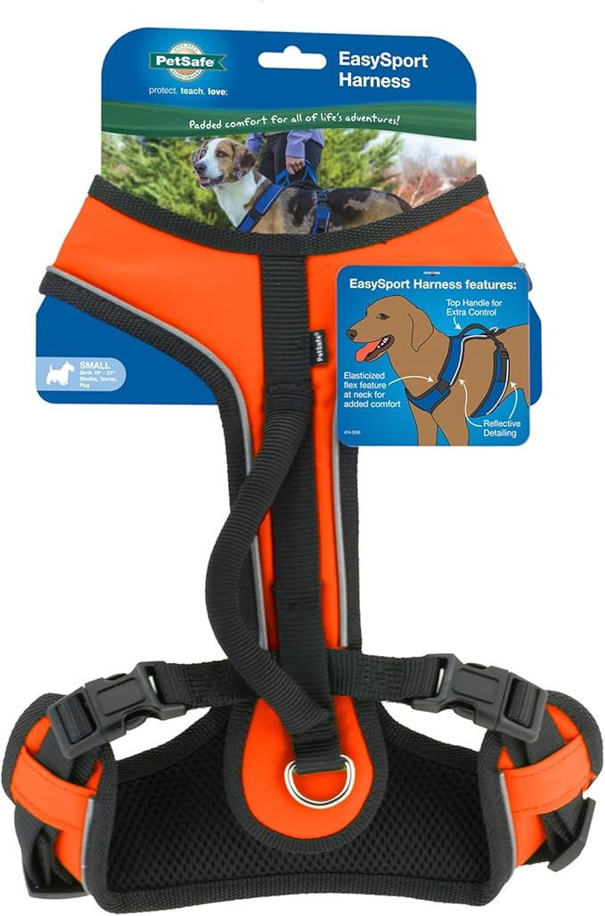 PetSafe EasySport Dog Harness Adjustable Padded Dog Harness with Control Handle and Reflective Piping Small, Orange