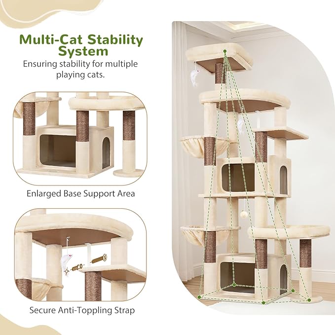Globlazer 75in Sturdy Cat Tree for Large Cats, Heavy Duty Multi-Level Cat Tower for Indoor Cats with Extended Platform, 2 Spacious Condos, 2 Padded Perches, 6 Sisal Scratching Posts, S75, Beige