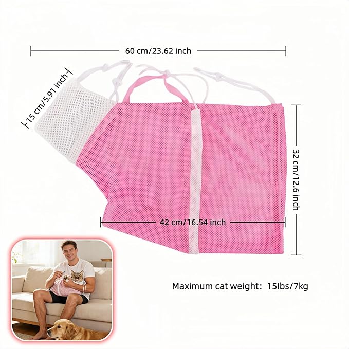 Cat Grooming Restraint Bag with Adjustable Drawstrings, Pink Mesh Bath Bag for Bathing, Nail Trimming, Ear Cleaning, Breathable Polyester with Zipper Design and Handheld Design (Pink)
