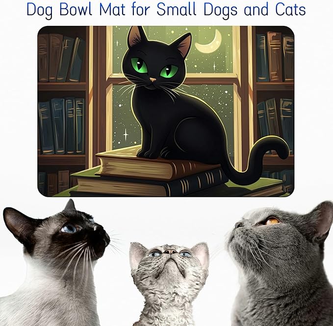 Dog Food Mat, 19.6" x 23.6" Absorbent Pet Feeding Mat for Food and Water, Waterproof Diatom Mud Pet Placemat with Non-Slip Rubber Backing, Easy Clean Cat Bowl Mat for Floors - Window Black Cat