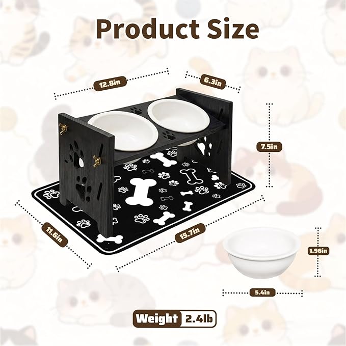 2026 New Elevated Cat Bowls with Food Mat, Adjustable Height & Angle Raised Cat & Dog Bowls Stand for Food and Water, Cat or Small Dog Feeding Station, 2 Ceramic Bowls for Cats and Puppy(Black Wood)