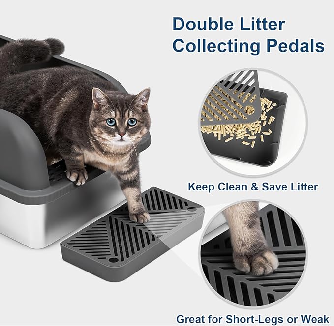 Suzzipaws 8" Deep Stainless Steel Litter Box with Lid Extra Large Cat Litter Box for Big Cats XL Metal Litter Pan Tray with High Wall Sides Enclosure, Non-Sticky, Anti-Leakage (Charcoal Gray)