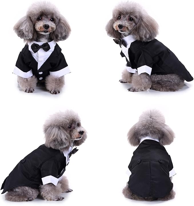 Dog Shirt Puppy Clothes, Pet Wedding Suit Formal Tuxedo with Black Bow Tie, Pet Outfit for Small Medium Dogs Cats, Pet Weding Attire Dress Up Cosplay Prince Costume Gentleman Apparel (Black, Small)