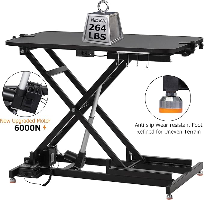 47 Inch Dog Grooming Table, Electric Hydraulic Pet Grooming Table, Dog Grooming Station with Aluminium Overhead Arm, Anti Slip Tabletop, Tool Organizer, Height Adjustable, 264 LBS Capacity, Black