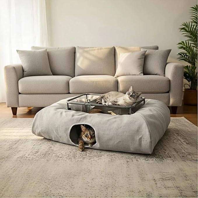 XxingSheep 2-Tier Hammock XXL Cat Tunnel Bed, 4 Cave Premium Hemp Fabric for Indoor Cats Toys Cave Donut with Soft Mat