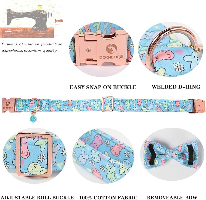 DOGWONG Easter Dog Collar, Blue Bunny Print Dog Collar with Bow, Girl Boy Pet Spring Holiday Dog Collars for Small Medium Dogs,M