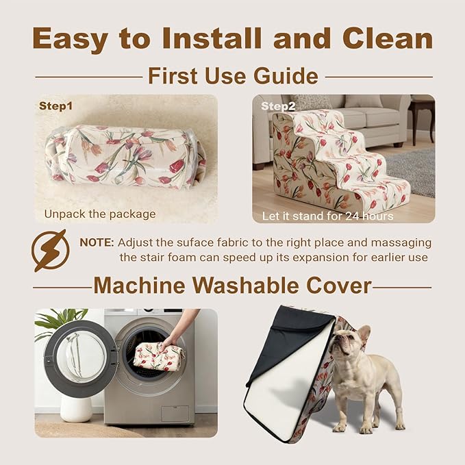4-Step Dog Stairs for Bed & Couch 18" H, Extra Long Dog Steps for Bed with 30D Foam, Country Style Pet Stairs for Small Dogs and Older Cats, Beige