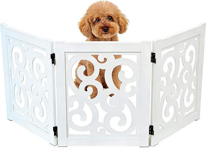 Ashfield & Harkness: 3-Panel Pet Gate - Scroll White - Wooden Foldable Freestanding Fence, Small Dogs & Puppy, 48 x 19.3, Indoor-Doorway-Halls-Stairs