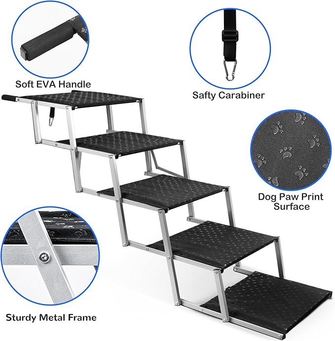 Dog Stairs for Cars,Folding Dog Steps for Large Dogs,Portable Pet Stairs for Cars,Trucks,SUV,Lightweight Pet Ramp with Non-Slip Surface Support Up to 200 lb,5 Steps