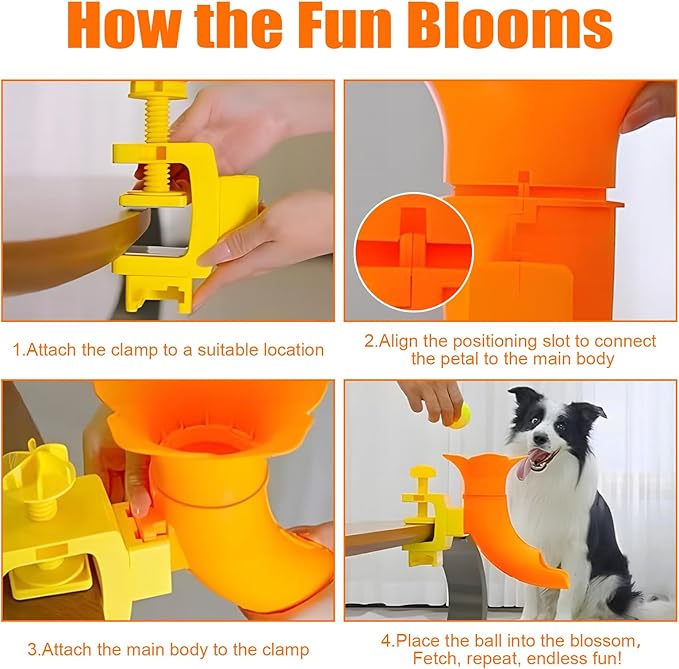 Floral Pet Ball Launcher for Small & Medium Dogs - Interactive Fetch Toy with 2.16" Adjustable Clamp, Mental Stimulation for Bored Dogs, Dishwasher Safe, Includes 2in Non-Slip Fetch Ball