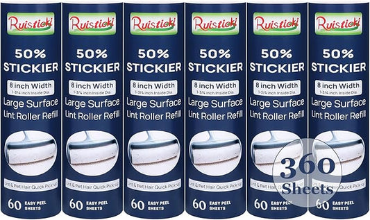 50% Stickier Large Surface Lint Roller Refill for Scotch-Brite Pet Hair Pickup Extra Sticky Large Lint Roller 8 inch Replacement Refills 6 Rolls, 60 Sheets per Refill, 360 Sheets Total