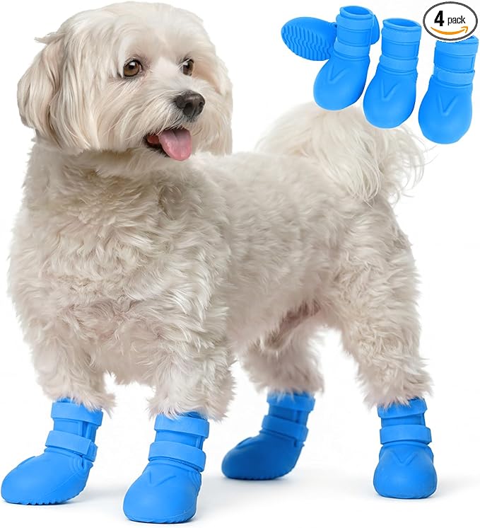 Dog Rain Boots Waterproof, 4PCS Dogs Shoes Non Slip Dog Boots & Paw Protectors, Easy On Rubber Doggie Booties Pet Shoes for Hot Pavement Snow Rain, Dog Rainboots for Small Medium Large Dogs, Blue M