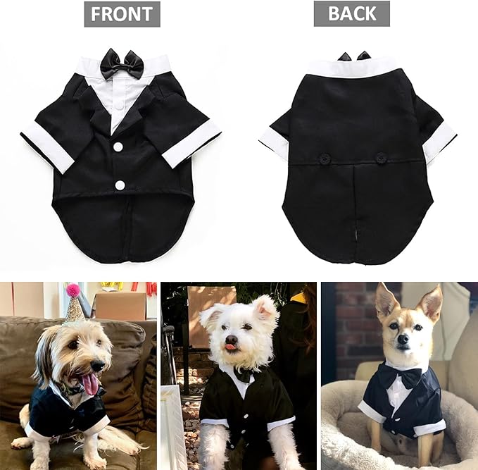 Dog Shirt Puppy Clothes, Pet Wedding Suit Formal Tuxedo with Black Bow Tie, Pet Outfit for Small Medium Dogs Cats, Pet Weding Attire Dress Up Cosplay Prince Costume Gentleman Apparel (Black, Small)
