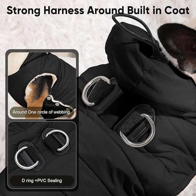 Vecomfy Fleece Lining Dog Hoodie with Harness Built in,Extra Warm Small Dog Jacket in Winter Puppy Coats with Drawstring Hooded,Black XS
