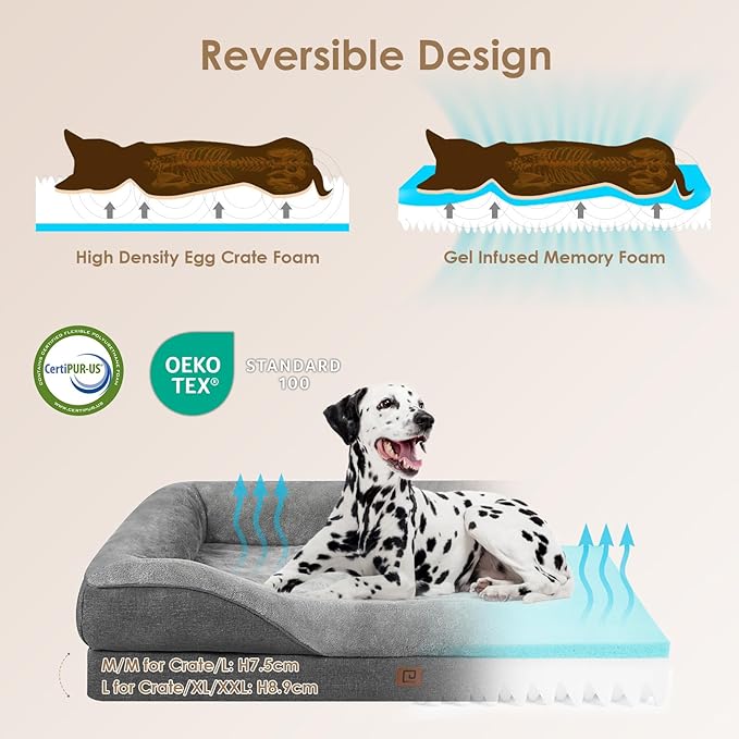 EHEYCIGA Orthopedic Dog Bed for Medium Dog, 30x20 Inch Memory Foam Dog Couch Bed with Sides, Waterproof Liner & Washable Removable Cover, Bolster Pet Sofa, Grey