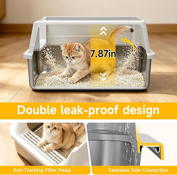 Stainless Steel Litter Box with High Sides, Small Metal Litter Box for Kittens & Senior Cats, Open Top Low Entry Non-Stick Easy Clean with Scoop, Gray