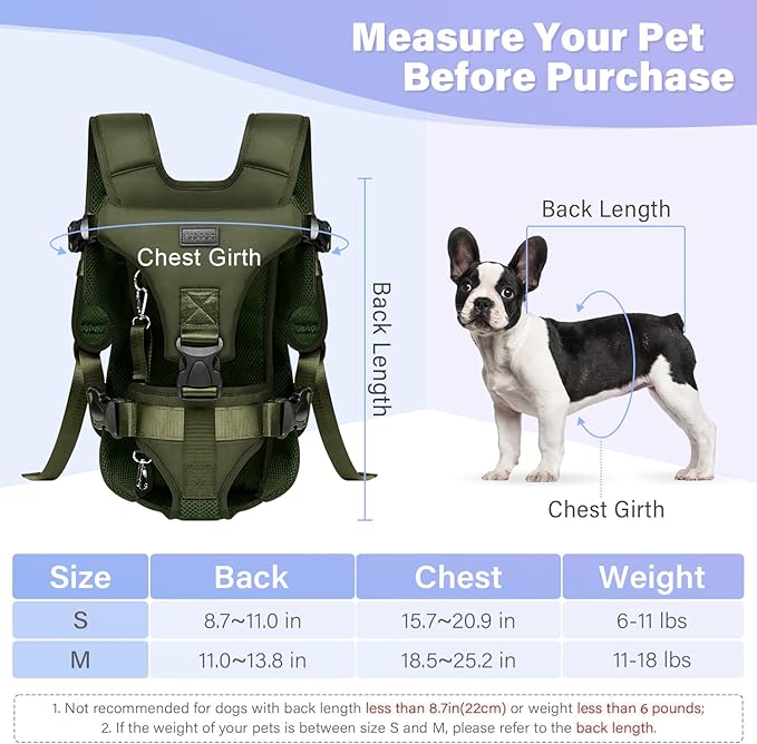 YUDODO Front Pet Carrier Backpack for Small Dogs, Secure and Breathable Mesh, Ergonomic Support, Adjustable for Walking, Hiking, or Travel (Army Green M)