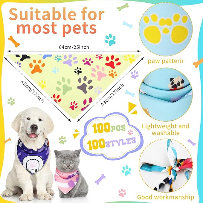 Huhumy 100 Pcs Paw Dog Bandanas Bulk Pet Bibs Colorful Triangle Scarf Paw Pattern Pet Bandanas for Medium Large Dogs Holiday Summer Birthday Costume Decor